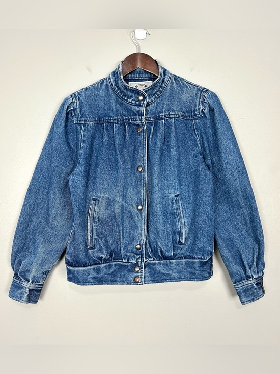 Vintage Jackets & Blazers - Vintage 80’s Denim Bomber Jacket Women’s Size M Puff Sleeves Snap Front Cotton